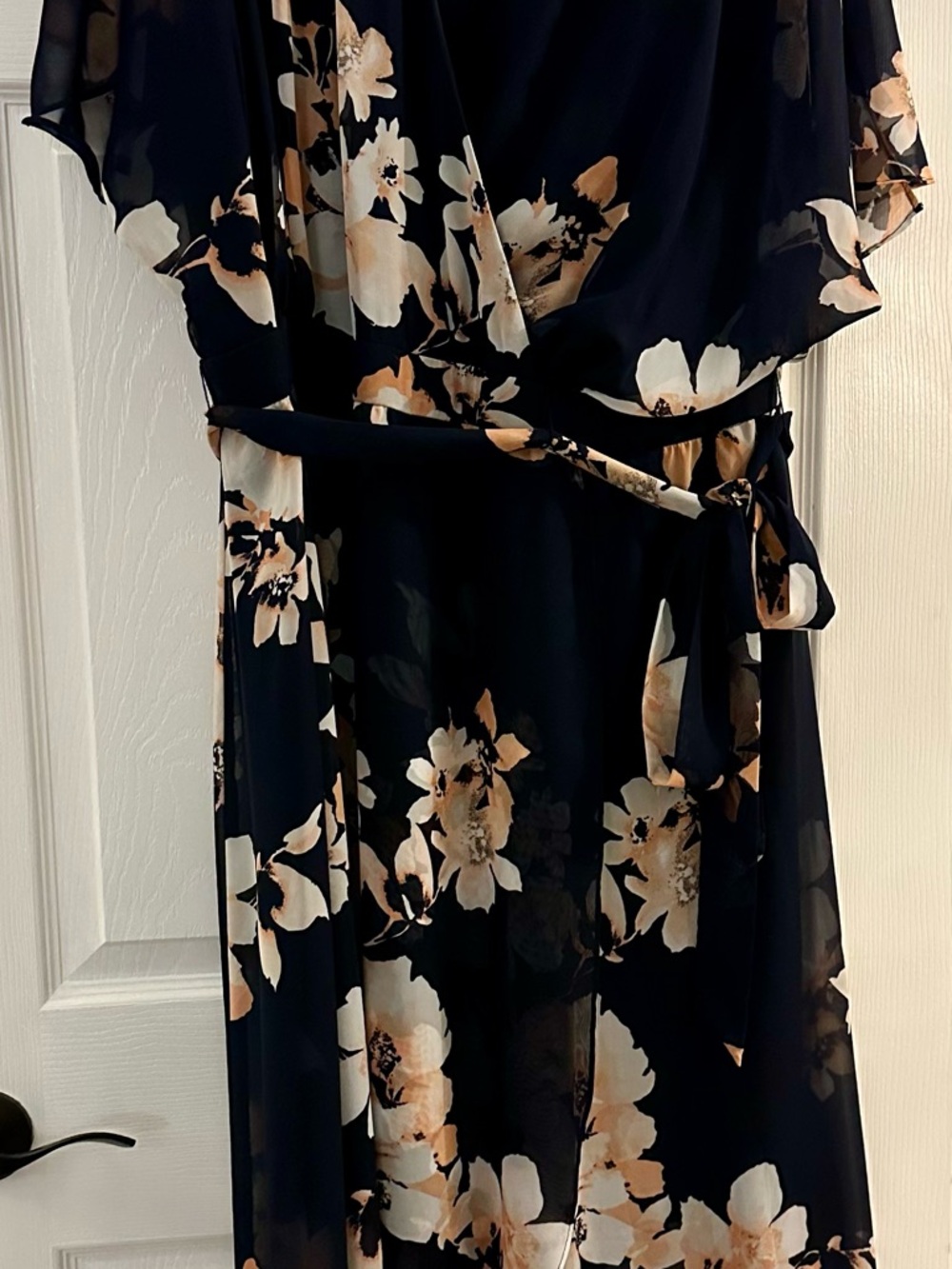 Lane Bryant navy Floral Midi Wrap Dress with Peach and Cream Blooms